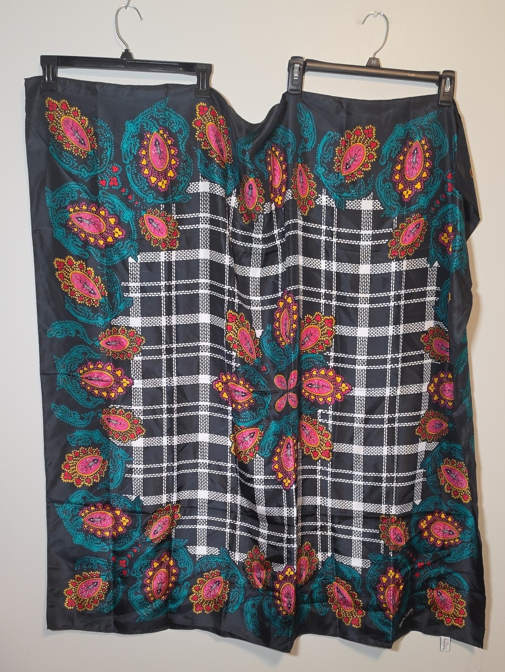 Diane von Fürstenberg Black Plaid Scarf with Teal and Pink Paisley Motif